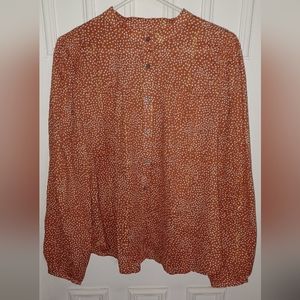 LOFT Orange Auburn Polka Dot Gold Shimmer Button Up Top Large